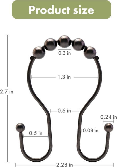 AmazerBath Anti-Drop Double Shower Curtain Hooks with Rollers, Set of 12 in Bronze, product detail and key features.