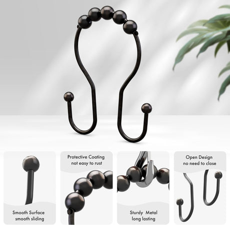 AmazerBath Anti-Drop Double Shower Curtain Hooks with Rollers, Set of 12 in Bronze, product detail and key features.