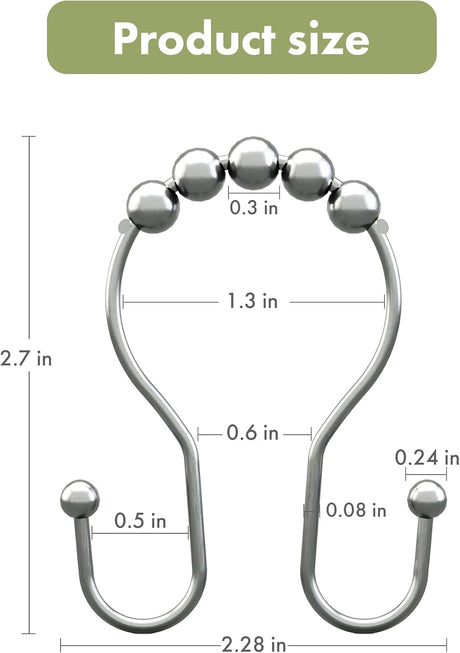 AmazerBath Anti-Drop Double Shower Curtain Hooks with Rollers, Set of 12 in Chrome, product detail and key features.