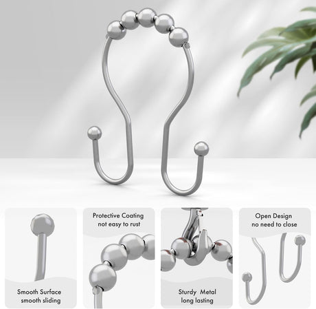 AmazerBath Anti-Drop Double Shower Curtain Hooks with Rollers, Set of 12 in Chrome, product detail and key features.
