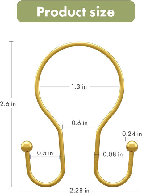 AmazerBath Anti-Drop Double Shower Curtain Hooks, Set of 12 in Dark Gold, Bead End, product detail and key features.