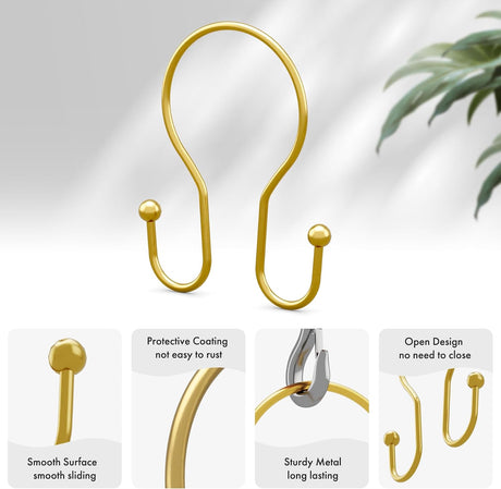 AmazerBath Anti-Drop Double Shower Curtain Hooks, Set of 12 in Dark Gold, Bead End, product detail and key features.
