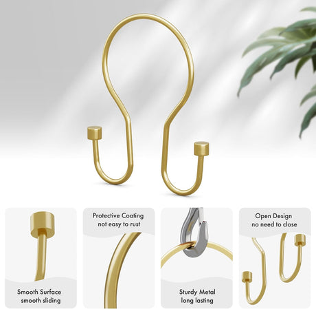 AmazerBath Anti-Drop Double Shower Curtain Hooks, Set of 12 in Gold with Cap End, product detail image 2.