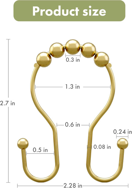 AmazerBath Anti-Drop Double Shower Curtain Hooks with Rollers, Set of 12 in Gold, product detail and key features.