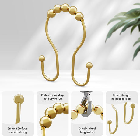 AmazerBath Anti-Drop Double Shower Curtain Hooks with Rollers, Set of 12 in Gold, product detail and key features.