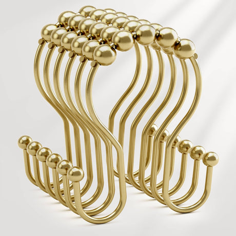 AmazerBath Anti-Drop Double Shower Curtain Hooks, Set of 12 in Gold with Roller Top, main product image.