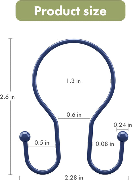 AmazerBath Anti-Drop Double Shower Curtain Hooks, Set of 12 in Navy Blue, Bead End, product detail and key features.