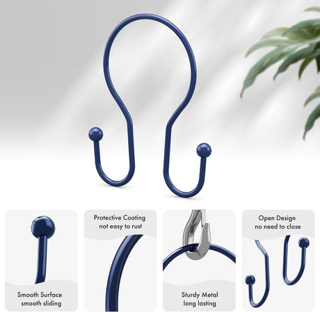 AmazerBath Anti-Drop Double Shower Curtain Hooks, Set of 12 in Navy Blue, Bead End, product detail and key features.