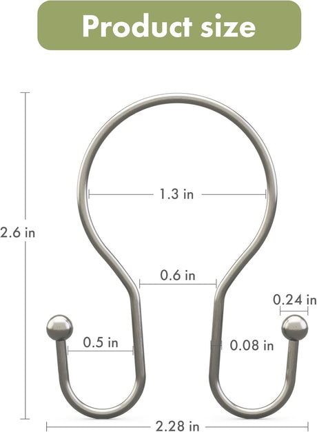 AmazerBath Anti-Drop Double Shower Curtain Hooks, Set of 12 in Nickel, Bead End, product detail and key features.