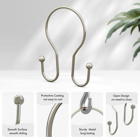 AmazerBath Anti-Drop Double Shower Curtain Hooks, Set of 12 in Nickel, Bead End, product detail and key features.