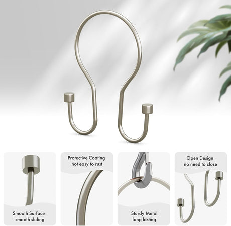 AmazerBath Anti-Drop Double Shower Curtain Hooks, Set of 12 in Nickel with Cap End, product detail image 3.