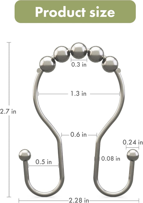 AmazerBath Anti-Drop Double Shower Curtain Hooks with Rollers, Set of 12 in Nickel, product detail and key features.