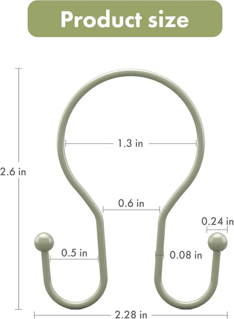 AmazerBath Anti-Drop Double Shower Curtain Hooks, Set of 12 in Sage Green, Bead End, product detail and key features.