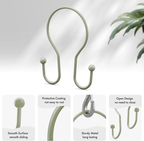 AmazerBath Anti-Drop Double Shower Curtain Hooks, Set of 12 in Sage Green, Bead End, product detail and key features.