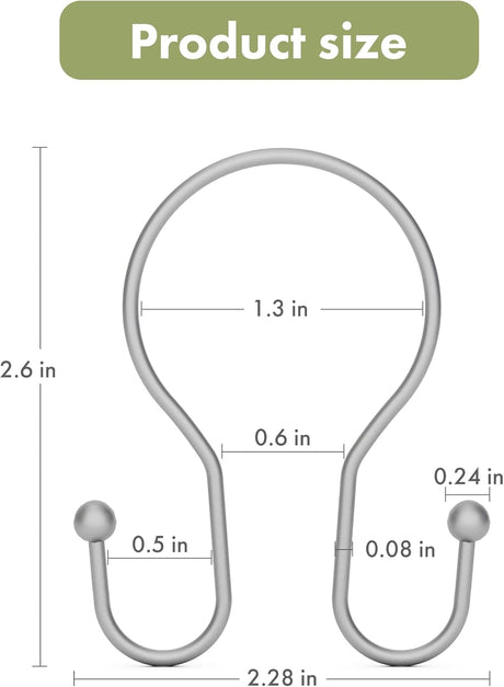 AmazerBath Anti-Drop Double Shower Curtain Hooks, Set of 12 in Silver, Bead End, product detail and key features.