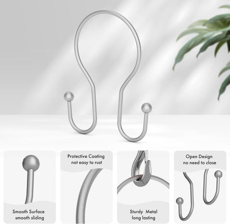 AmazerBath Anti-Drop Double Shower Curtain Hooks, Set of 12 in Silver, Bead End, product detail and key features.