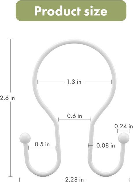 AmazerBath Anti-Drop Double Shower Curtain Hooks, Set of 12 in White, Bead End, product detail and key features.