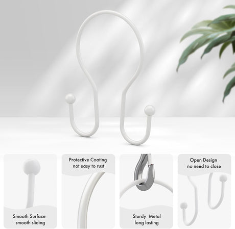 AmazerBath Anti-Drop Double Shower Curtain Hooks, Set of 12 in White, Bead End, product detail and key features.