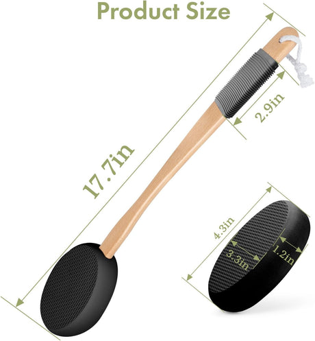 AmazerBath black back lotion applicator with a 17.7-inch curved wooden handle and 4.3-inch EVA pad.