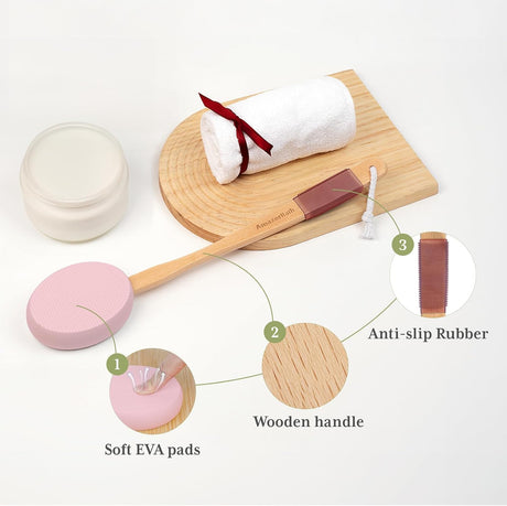 AmazerBath pink back lotion applicator hanging to dry after the removable EVA pad is rinsed.
