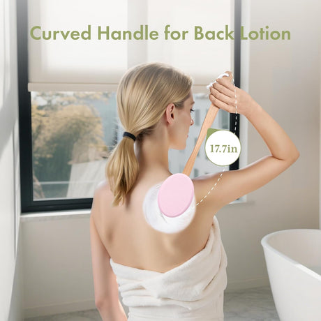 AmazerBath pink back lotion applicator with a soft EVA pad, wooden handle, and anti-slip rubber grip.