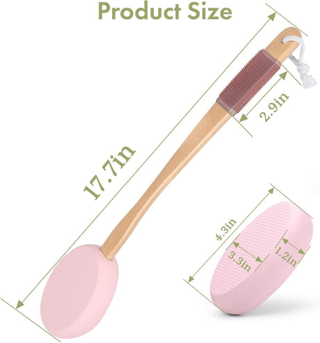 AmazerBath pink back lotion applicator with a 17.7-inch curved wooden handle and 4.3-inch EVA pad.