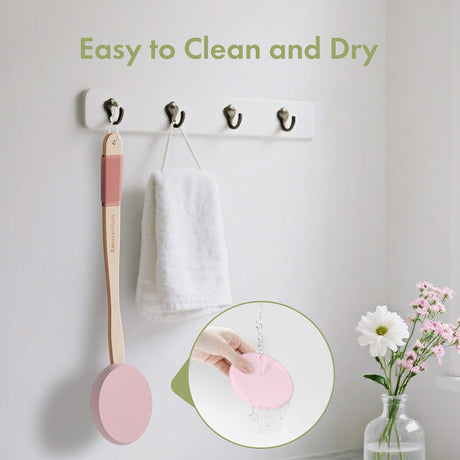 Lotion dispensed onto the textured pink EVA pad of the AmazerBath back applicator.