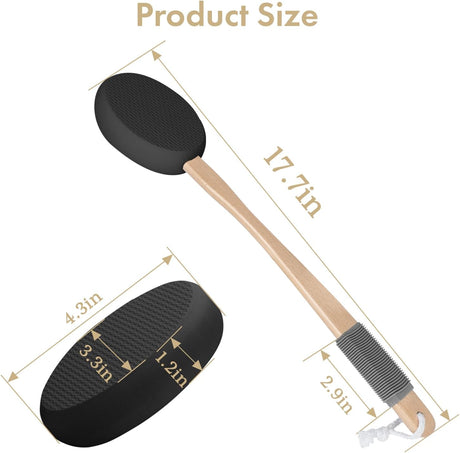 AmazerBath black back lotion applicator with a 17.7-inch wooden handle, 4.3-inch pad, and anti-slip grip.