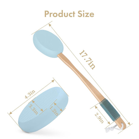 AmazerBath blue back lotion applicator with a 17.7-inch wooden handle, 4.3-inch pad, and anti-slip grip.