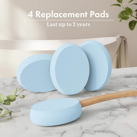 AmazerBath blue back lotion applicator used on the upper back with a curved wooden handle and anti-slip grip.