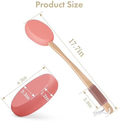 AmazerBath blush pink back lotion applicator with a 17.7-inch wooden handle, 4.3-inch pad, and anti-slip grip.
