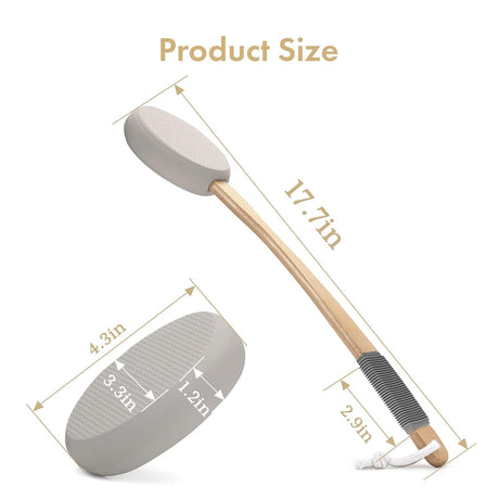 AmazerBath gray back lotion applicator with a 17.7-inch wooden handle, 4.3-inch pad, and anti-slip grip.