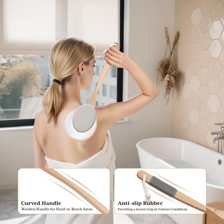 AmazerBath gray back lotion applicator used on the upper back with a curved wooden handle and anti-slip grip.