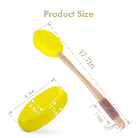 AmazerBath lemon yellow back lotion applicator with a 17.7-inch wooden handle, 4.3-inch pad, and anti-slip grip.