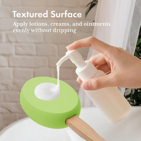 Lotion dispensed onto the textured lime EVA pad of the AmazerBath back applicator.