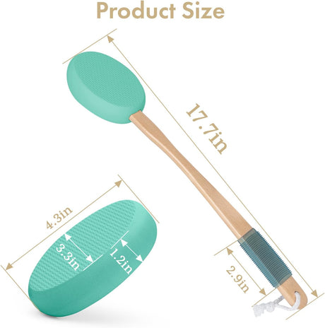 AmazerBath mint back lotion applicator with a 17.7-inch wooden handle, 4.3-inch pad, and anti-slip grip.