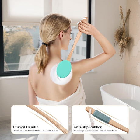 AmazerBath mint back lotion applicator used on the upper back with a curved wooden handle and anti-slip grip.