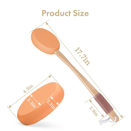 AmazerBath orange back lotion applicator with a 17.7-inch wooden handle, 4.3-inch pad, and anti-slip grip.