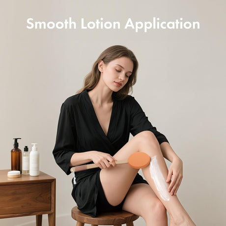 AmazerBath orange lotion applicator used for smooth application on the lower leg.