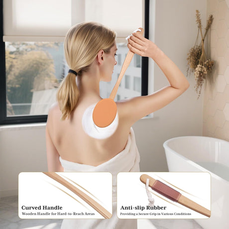AmazerBath orange back lotion applicator used on the upper back with a curved wooden handle and anti-slip grip.