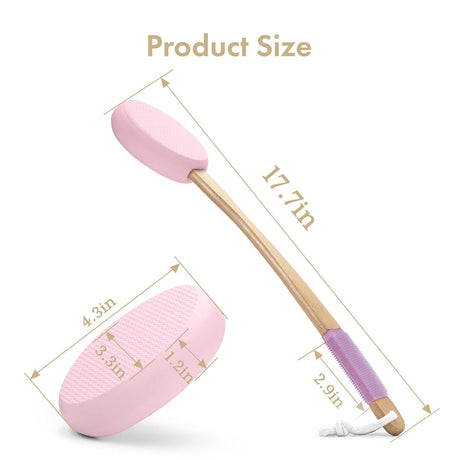 AmazerBath pink back lotion applicator with a 17.7-inch wooden handle, 4.3-inch pad, and anti-slip grip.