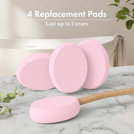AmazerBath pink back lotion applicator with four replaceable textured EVA pads.