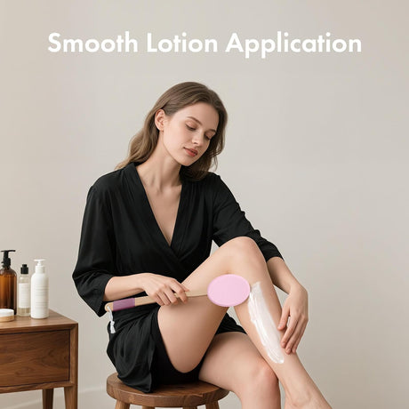 AmazerBath pink lotion applicator used for smooth application on the lower leg.