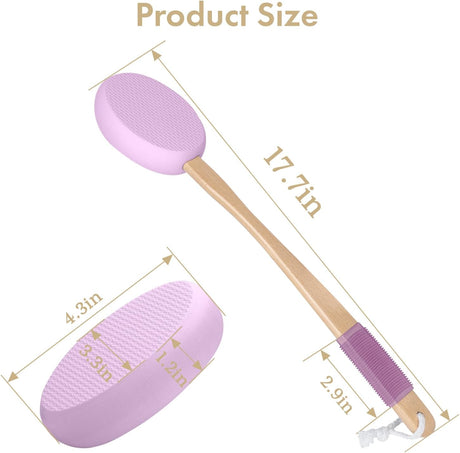 AmazerBath purple back lotion applicator with a 17.7-inch wooden handle, 4.3-inch pad, and anti-slip grip.