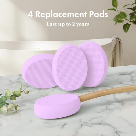 AmazerBath purple back lotion applicator with four replaceable textured EVA pads.