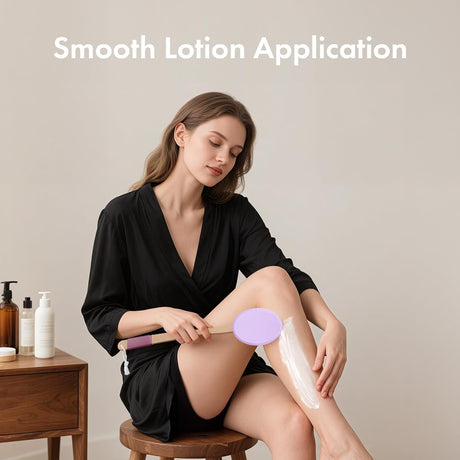 AmazerBath purple lotion applicator used for smooth application on the lower leg.