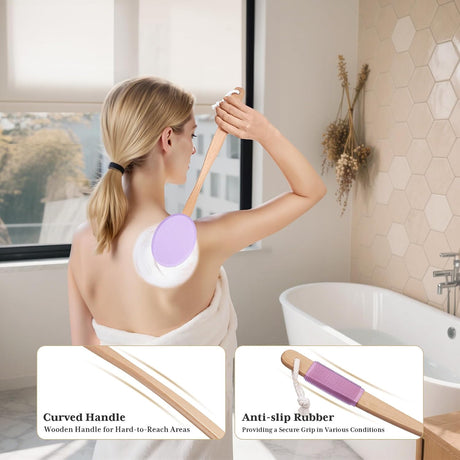 AmazerBath purple back lotion applicator used on the upper back with a curved wooden handle and anti-slip grip.