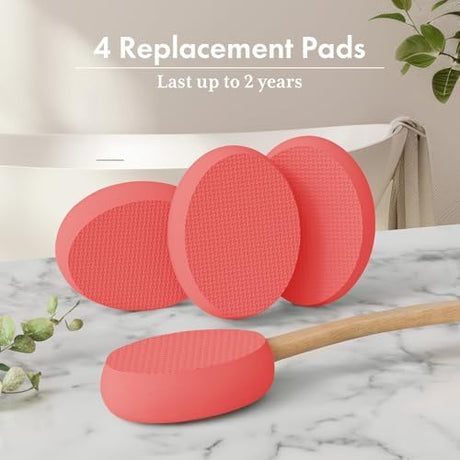 AmazerBath rose red back lotion applicator with four replaceable textured EVA pads.