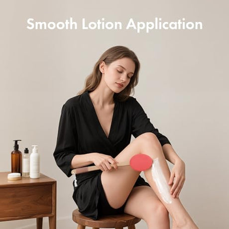AmazerBath rose red lotion applicator used for smooth application on the lower leg.