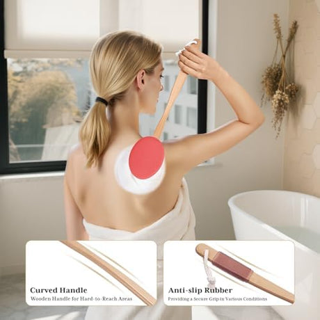 AmazerBath rose red back lotion applicator used on the upper back with a curved wooden handle and anti-slip grip.